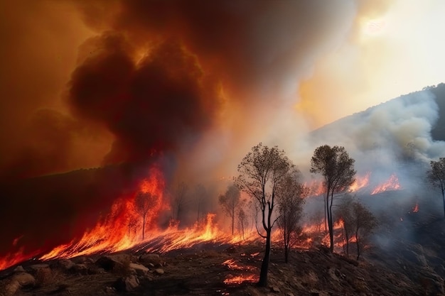 Zdumiewająca katastrofa ekologiczna reprezentowana przez rozległy, szalejący pożar lasu Generative AI
