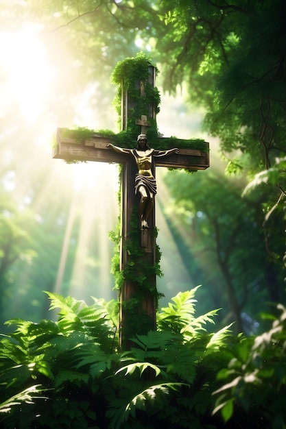 Zdumiewające 3D przedstawienie krzyża religijnego otoczonego bujną zieloną roślinnością