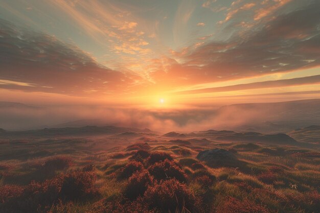 Zdumiewające wschody słońca na mglistych wrzosowiskach