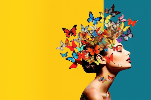 Zdumiewający portret pięknej kobiety z nakryciem głowy z motyli wszystkich kolorów Miejsce do kopiowania