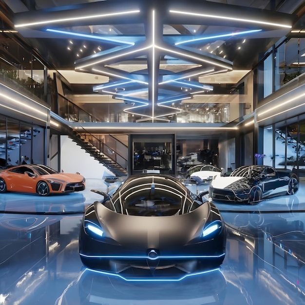 Zdumiewający rendering 3D pokazujący futurystyczny salon samochodowy z eleganckim i nowoczesnym projektem