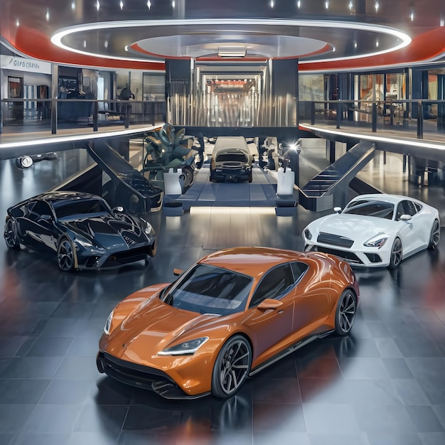 Zdumiewający rendering 3D pokazujący futurystyczny salon samochodowy z eleganckim i nowoczesnym projektem