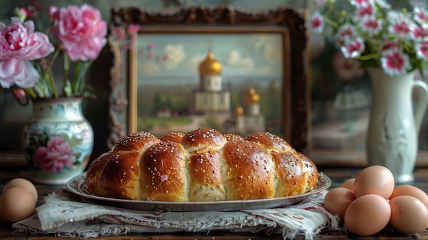 Zdumiewający wyświetlacz tradycyjnego rosyjskiego chleba wielkanocnego ozdobionego symbolicznymi dekoracjami i umieszczony obok oprawionego zdjęcia malowniczego kościoła prawosławnego wygenerowanego przez sztuczną inteligencję