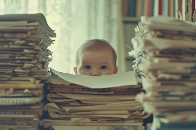Zdziwione dziecko ukrywa się za stosami książek