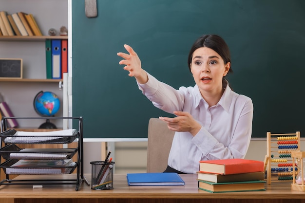 Zdziwione Punkty Z Boku Młoda Nauczycielka Siedzi Przy Biurku Ze Szkolnymi Narzędziami W Klasie