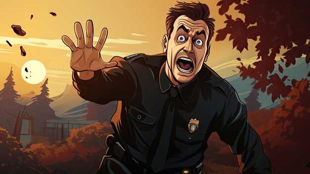 Zdziwiony i krzyczący policjant w jesiennym lesie Ilustracja wektorowa