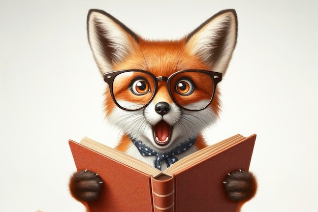 Zdziwiony lis w okularach trzymający otwartą książkę na białym tle