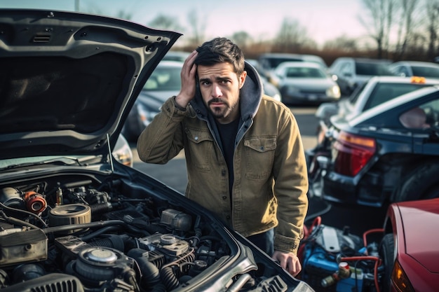 Zdjęcie zdziwiony, wyraźnie zdenerwowany mężczyzna bada odsłonięty silnik swojego samochodu, próbując zrozumieć nieoczekiwaną sytuację.
