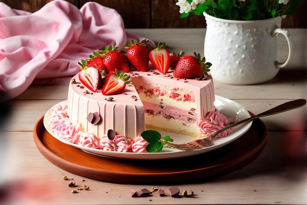 Ze świeżymi owocami i kawałkami czekolady deser jogurtowo-truskawkowy z białą czekoladą jest wyświetlany na drewnianym stole Słodkie i pyszne różowe ciasto truskawkowe na urodziny lub obchody walentynek