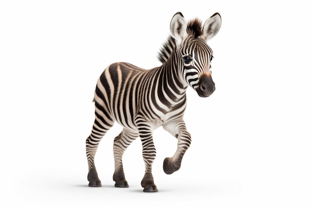 Zebra biegnie po białej powierzchni.