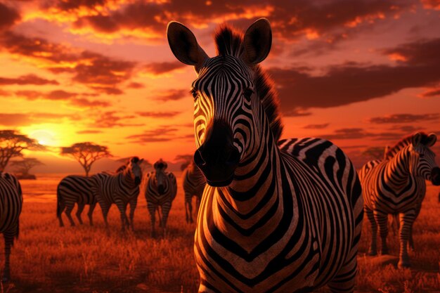 Zebra na sawannie przy zachodzie słońca Ilustracja 3D Stado zebr na sawannie podczas zachodu słońca Generowane przez AI