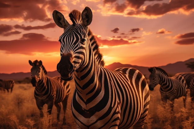 Zebra przy zachodzie słońca w delcie Okavango Botswana Africam Stado zebr na sawannie podczas zachodu słońca AI generowane