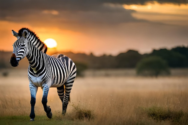 Zebra spacerująca po lesie o zachodzie słońca