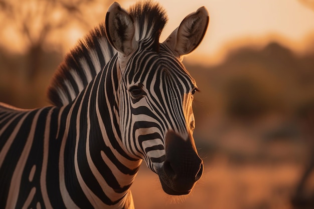 Zebra stoi na polu o zachodzie słońca.