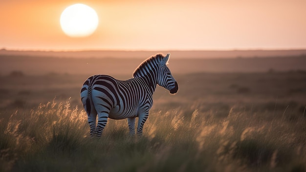 Zebra stoi na polu o zachodzie słońca.