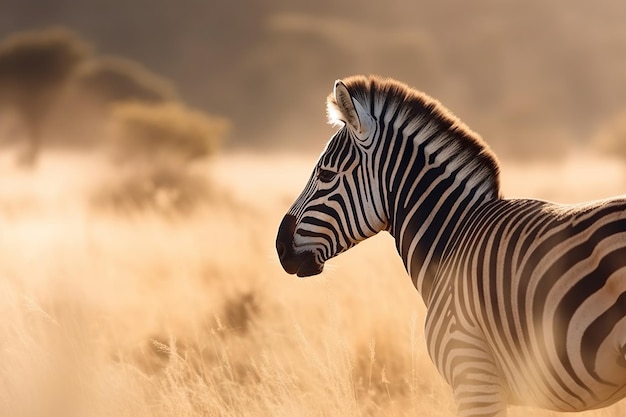 Zebra stoi na polu trawy