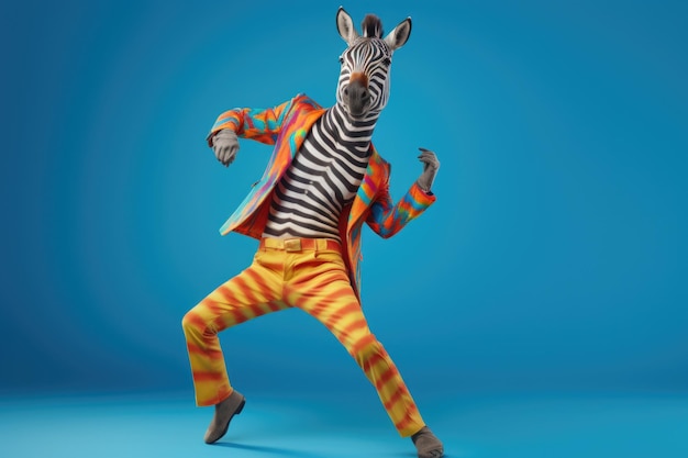 Zebra ubrana w kolorowe ubrania i okulary przeciwsłoneczne tańczy na zielonym tle
