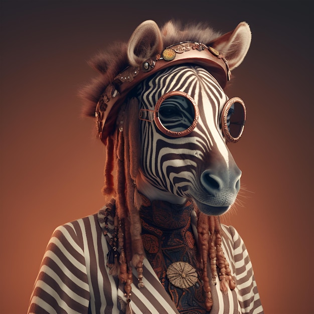 zebra w boho czeskim średniowiecznym stroju hippie z koralikami surrealistycznymi