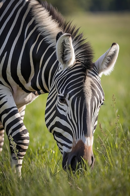 Zebra w dzikiej przyrodzie pasie się w trawie