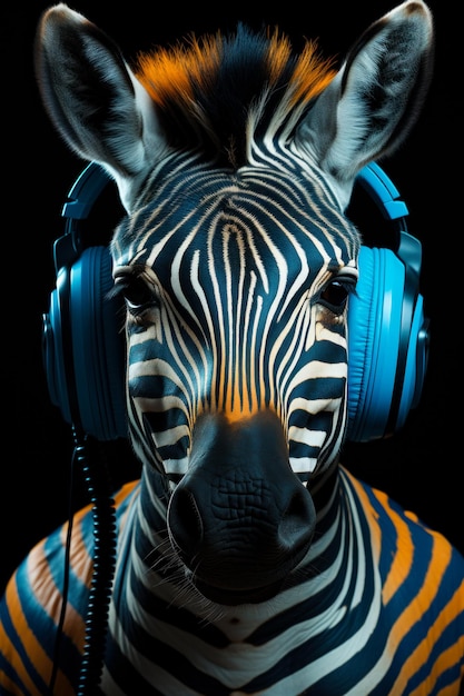 Zebra w słuchawkach zabawna Ilustracja maskotki Cute dzikiej przyrody Generative AI