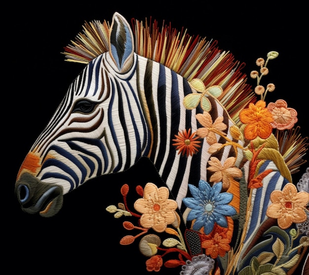 Zdjęcie zebra z kolorowymi kwiatami i piórami na czarnym tle z czarnym tłem generatywny ai