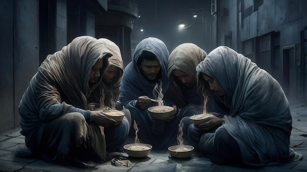 Zdjęcie Żebracy siedzieli owinięci w szmaty i jedli makaron.