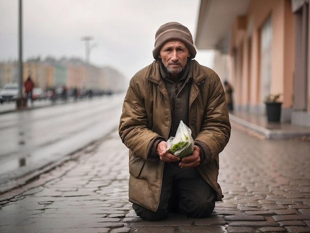 Żebrak w Rosji stoi na poboczu drogi i żebra