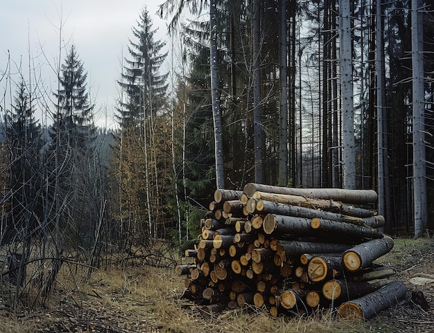Zebrane drewno ułożone na stosy w spokojnym lesie