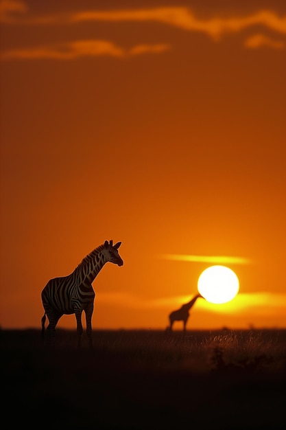Zdjęcie zebry i dzikie zwierzęta przy zachodzie słońca