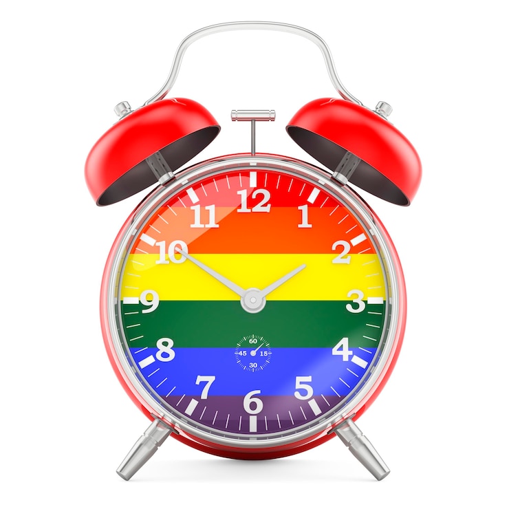 Zdjęcie zegar budzik z lgbt rainbow flag 3d rendering