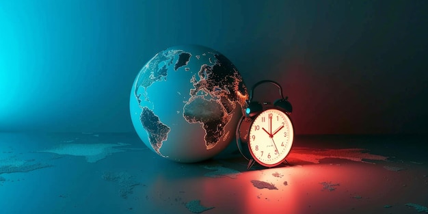 Zdjęcie zegar i globus na stole generatywna sztuczna inteligencja