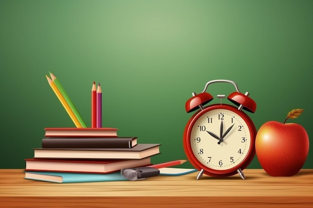 Zegar na biurku ze stosem książek i ołówkami na nim