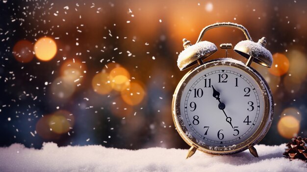 Zdjęcie zegar odliczania nowego roku na śniegu i tle bokeh