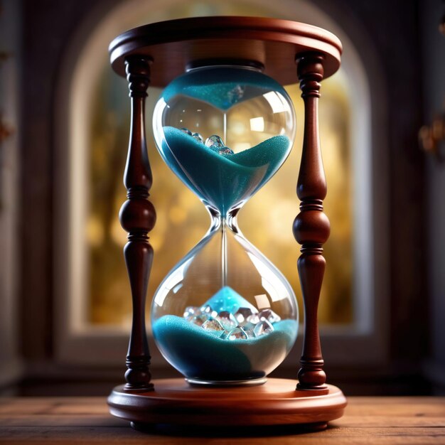 Zdjęcie zegar piaskowy wypełniony kryształami pokazujący mistyczny przepływ czasu