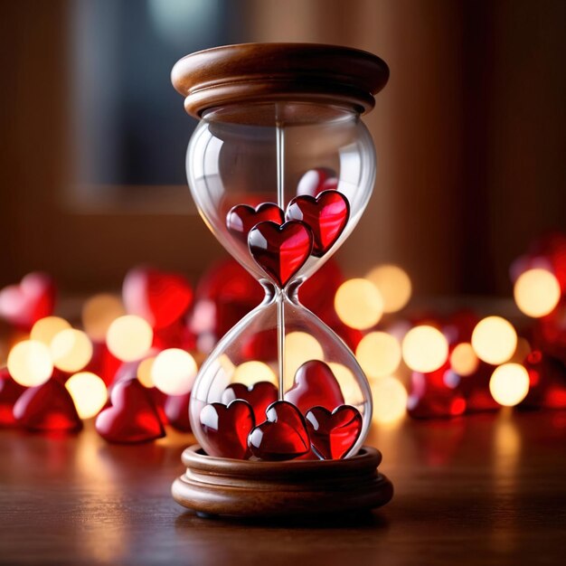 Zdjęcie zegar piaskowy wypełniony małymi szklanymi sercami pokazującymi kończący się czas miłości
