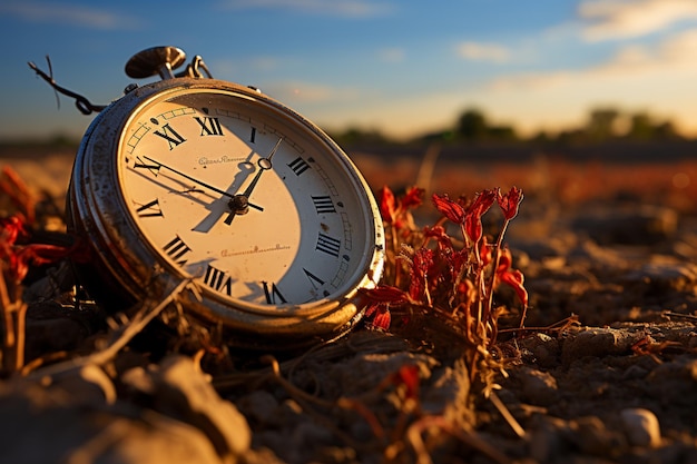 Zegar przypominający natury pośród wyschniętej gleby konceptualny przekaz czasu