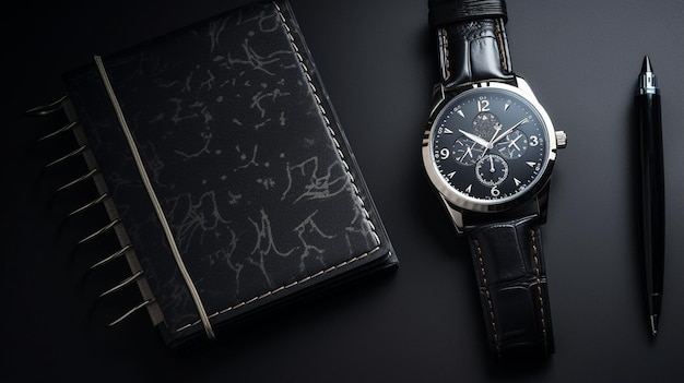 zegarek i portfel na stole z czarnym notatnikiem