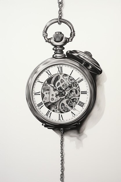 Zdjęcie zegarek kieszonkowy rozbity na dwa kawałki rysunek grafitu
