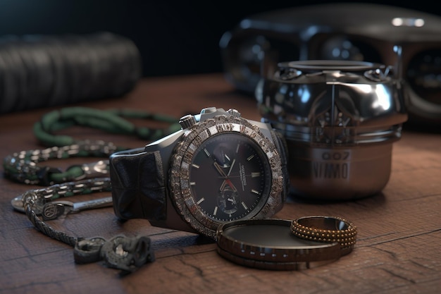 Zegarek na stole ze srebrną tarczą i srebrnym pierścionkiem z napisem omega.