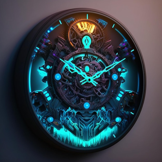 zegarek zegar ścienny obraz cyfrowy sztuka cyfrowa malowanie obraz 4k grafika koncepcyjna cyberpunk neonowy zegar ścienny