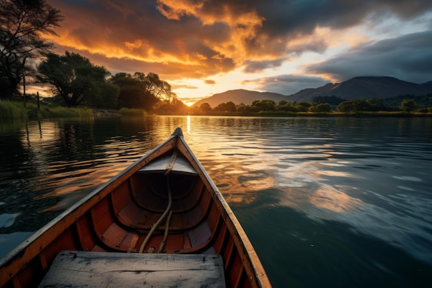 Żeglarstwo łodzią po spokojnym jeziorze o zachodzie słońca Generative AI