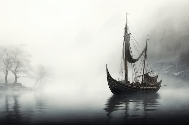Żeglarstwo wikingów statki wiosłowe na rzece Drakkar statki długie wojownik skandynawski Generative ai