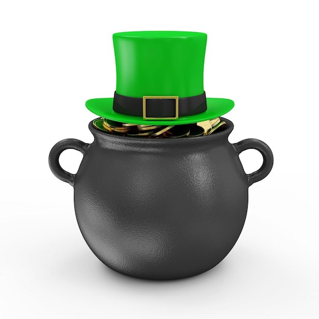 Żelazny garnek ze złotymi monetami i zielonym kapeluszem Leprechaun na tradycyjne irlandzkie święto St Patricks Day