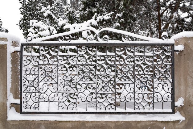 Zdjęcie Żelazny ogrodzenie domu jest pokryte śniegiem w zimie