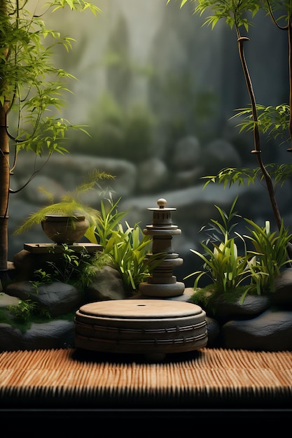 Zen Garden Bamboo Fence Medytacja Poduszka Bonsai Drzewo Dlive Kreatywny projekt Live Stream Tło