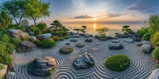 Zen Garden Stepping Stones nad Tranquil Pond Błyszczący