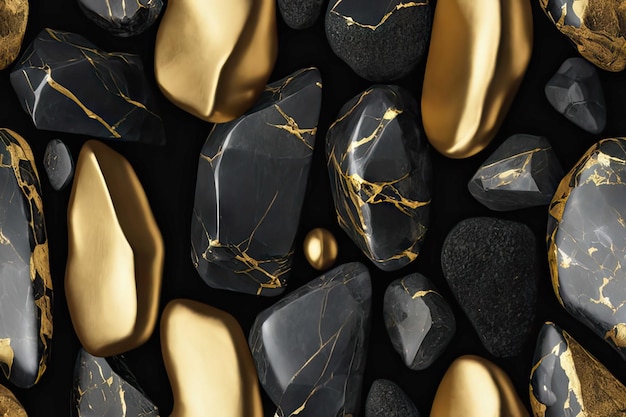 zen gładkie, wypolerowane skały w kolorze czarnym i złotym, ułożone niewiarygodnie wysoko na czarnym tle