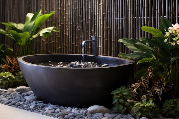 Zen inspirowany ogrodem, zewnętrzna kąpiel, otoczona gładkimi kamieniami.