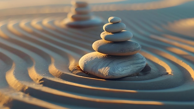 Zen kamienie na falistym piasku o zachodzie słońca spokojna i uspokajająca scena idealna do spa i uważności AI