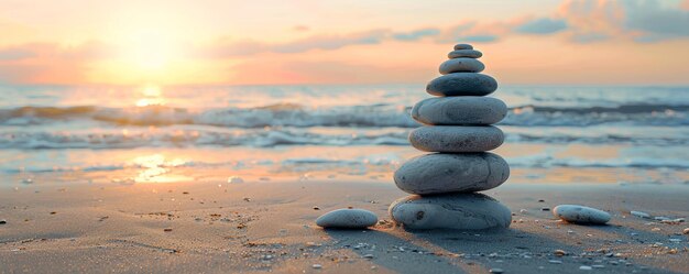 Zdjęcie zen kamienie ułożone na plaży przy zachodzie słońca